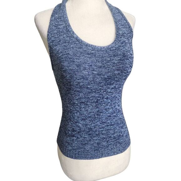 Blue Knit 90s Crop Halter Le Chateau Jr Vintage Y2K Denim Look Sexy Spring - Picture 2 of 7